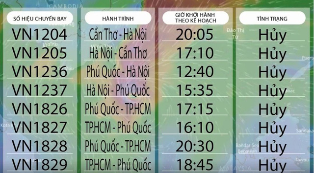 Hàng chục chuyến bay đi Cần Thơ, Phú Quốc, TP.HCM bị hủy do ảnh hưởng bão số 16
