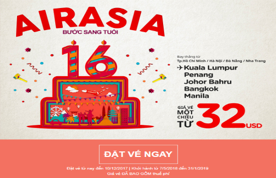 AirAsia tung vé khuyến mãi mừng sinh nhật tuổi 16