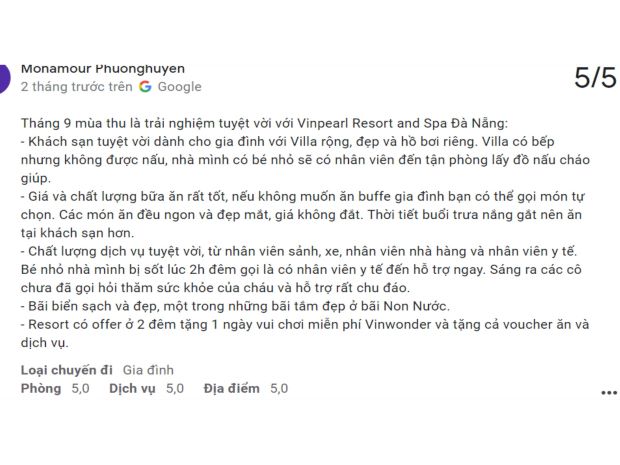combo Vinpearl Đà Nẵng-các đánh giá khác về khách sạn Vinpearl Resort & Spa Đà Nẵng